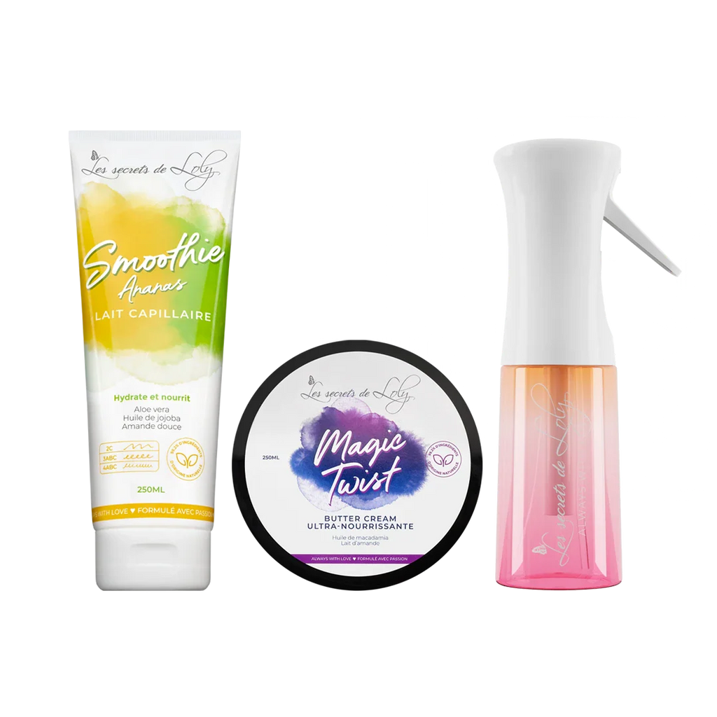 Starter Pack Cheveux Crépus - Lait sans rinçage, crème coiffante & vaporisateur
